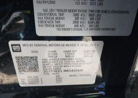 2021 GMC Sierra 1500 4Wd Short Box At4 from USA, damaged, VIN 3GTP9EEL3MG410426